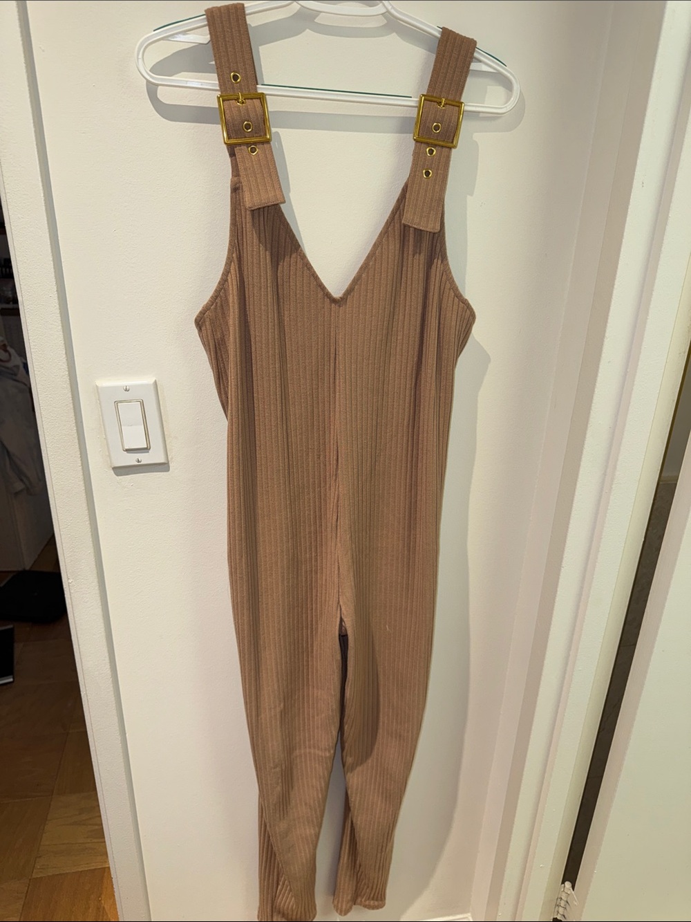 WeWoreWhat Ribbed Strap Jumpsuit in Taupe Brown